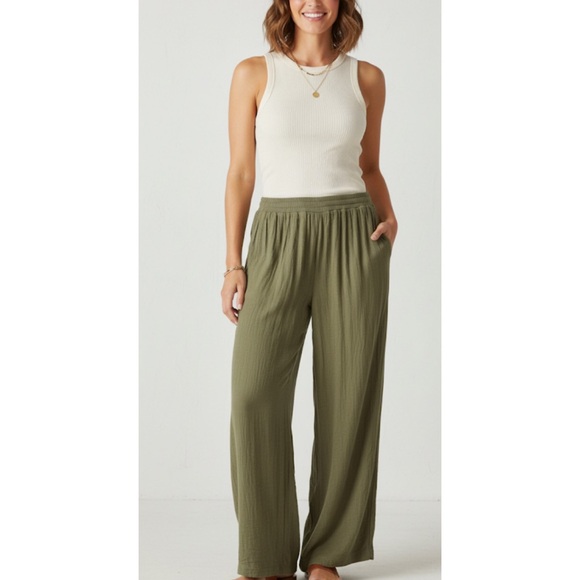 DIP Gauzy Wide Leg Pants Medium Olive Green Bohemian Aesthetic - Picture 14 of 14